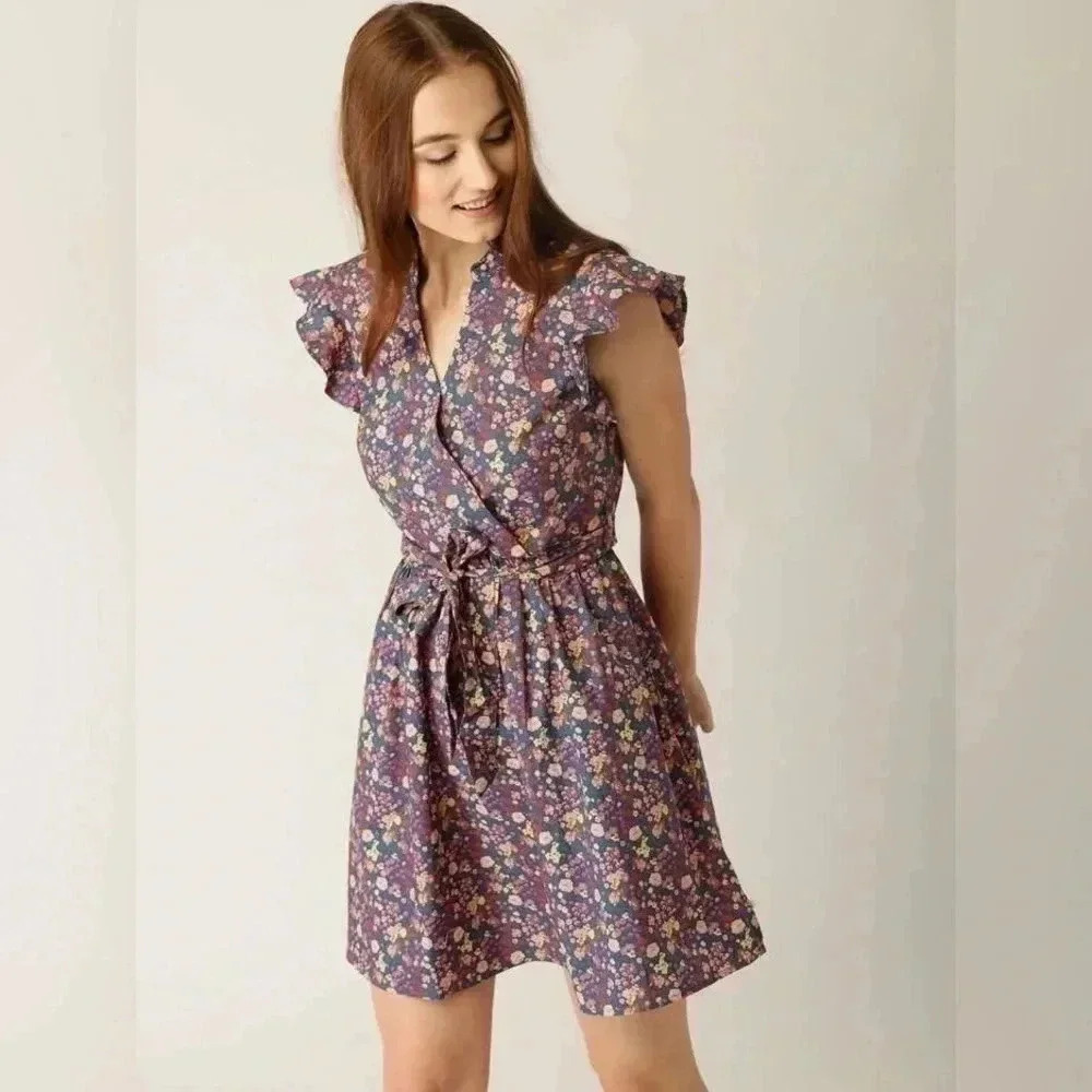 United colors of Benetton floral ruffle sleeve wrap dress with belt XS - Picture 2 of 7